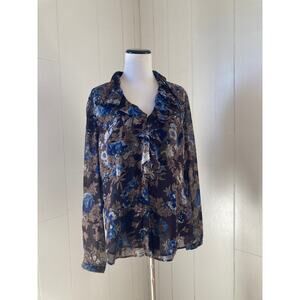 Coldwater Creek Brown & Blue Floral Chiffon Buttondown Blouse, Size L